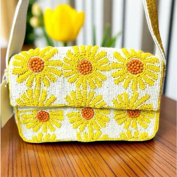 SOL AND MER Beaded Sunflower Daisy Floral Baguette Bag Yellow NWT TikTok Viral - Picture 1 of 4